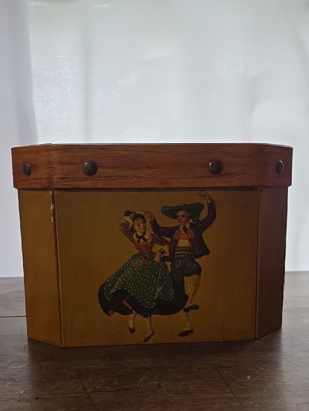 Vintage Bentwood Wooden Decorative Storage Box with Folk Dance Motif